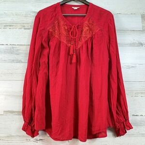 Cato Red Embroidered Tassel Peasant Blouse Plus Size 22/24W Long Sleeve Boho Top